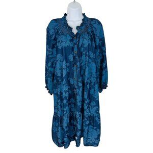 Style & Co Women's Size XL Floral Chambray Tiered 3/4 Sleeve Blue Dress